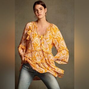 ANTHROPOLOGIE Mia Ruffle Lightweight Tiered Orange And White Blouse Tunic size L